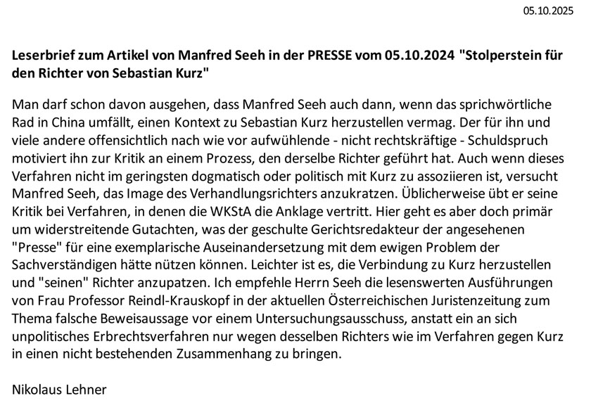 Leserbrief zum Artikel von Manfred Seeh 